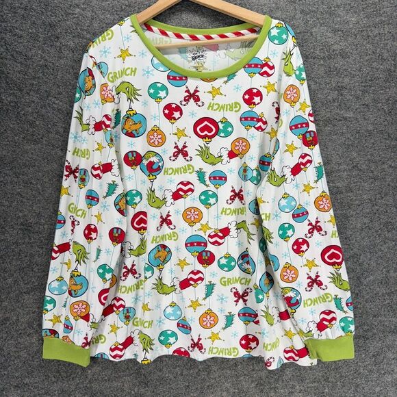 The Grinch Other - The Grinch Sleepshirt Women 2X Plus White Christmas Bauble Print Long Sleeve